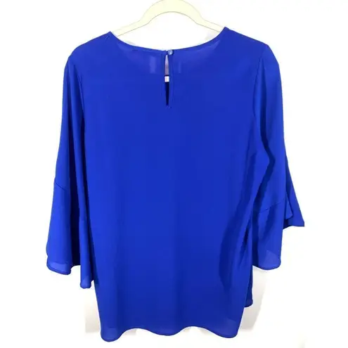 Pleione Women's Bell Sleeve Round Neck Keyhole Back Blouse Blue Medium