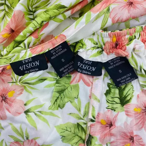 First Vision By Shirin Vintage First Vision Green & Pink Hibiscus Floral Tropical Sequin Pant Shirt Set