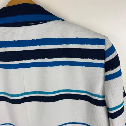 Alex Marie Womens Striped Textured Coat Large Blue White Longline Jacket Office