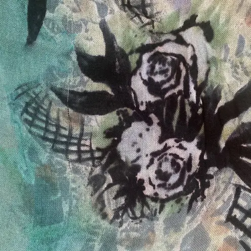 None Sarong Scarf Bright Turquoise Black Rose Floral Fringe Boho Gypsy Colorful