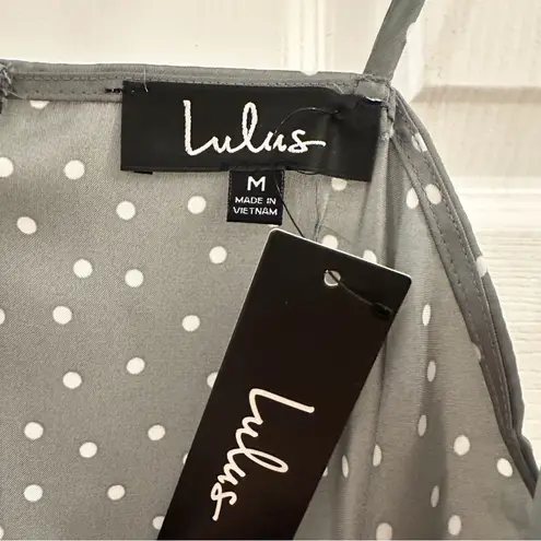 NWT Lulus Spot in My Heart Sage Grey Polka Dot Satin Cowl Neck Mini Dress sz Med Gray