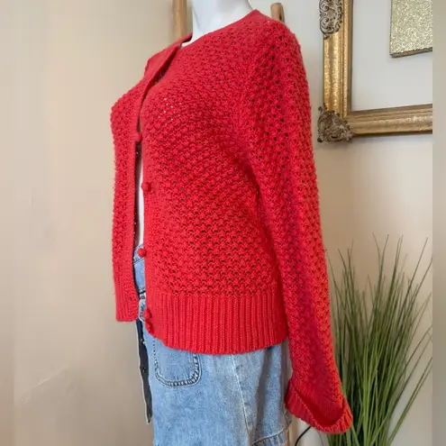 LL Bean Coral Red Cardigan Sweater Chunky Knit Button Up Lg Lagenlook Preppy