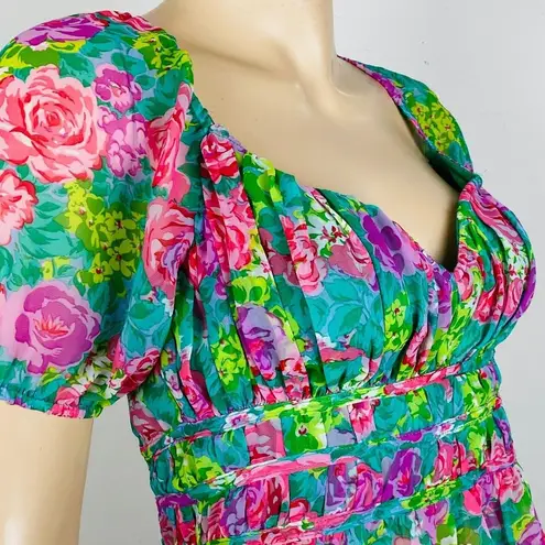 ASTR The Label Green Pink Floral Puff Sleeve Women's Size Small S Top Blouse