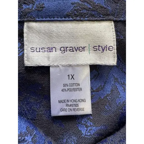 Susan Graver   Women Jacket 1X Blue Black Floral Evening Oriental Classic Buttons