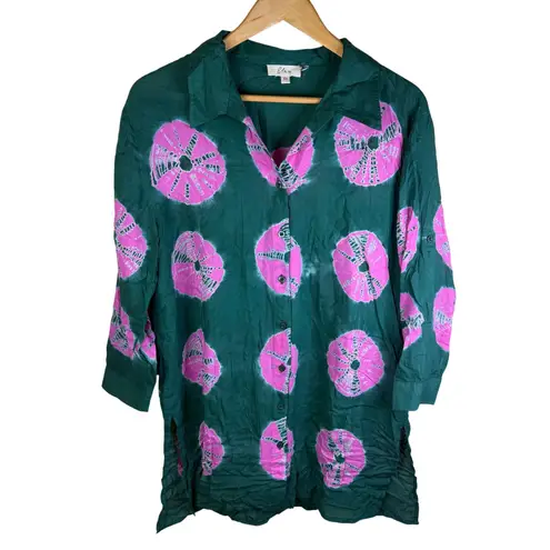 Elan Sand Dollar Teal Pink Button Up Tunic Shirt Womens XS Rayon Roll Tab Sleeve