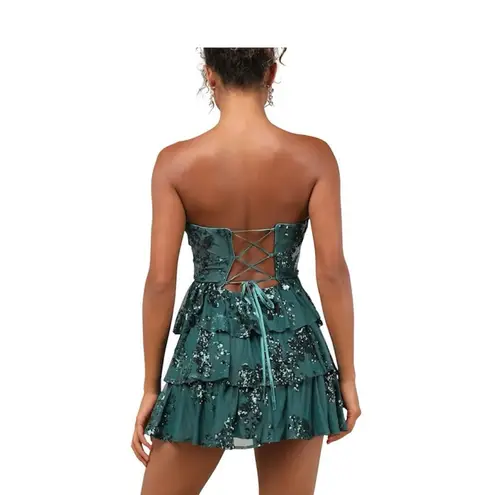 Lulus Definite Glamour Emerald Mesh Sequin Bustier Tiered Mini Dress NWT Green Size L