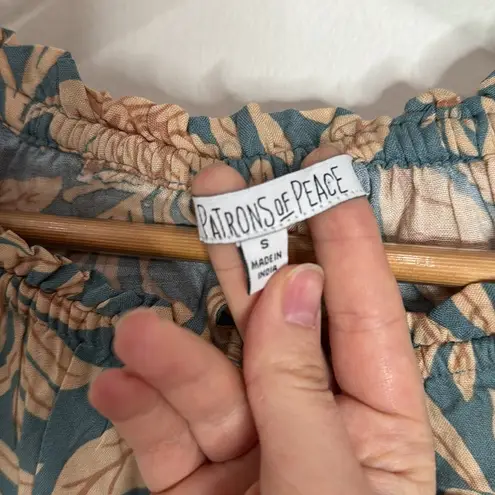 Patrons of Peace Blue Tan Ruffled Floral Print Long Sleeve Blouse size S