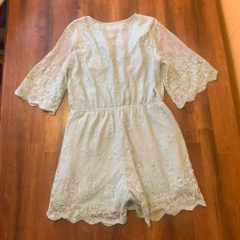 Listicle  NWT Romper Large Sage Mint Green Shorts Embroidered Lace Sheer Sleeves