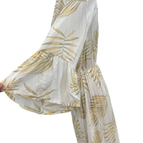 Tiare Hawaii Maxi Dress Kimono Sleeve Palm Print White Beige One Size