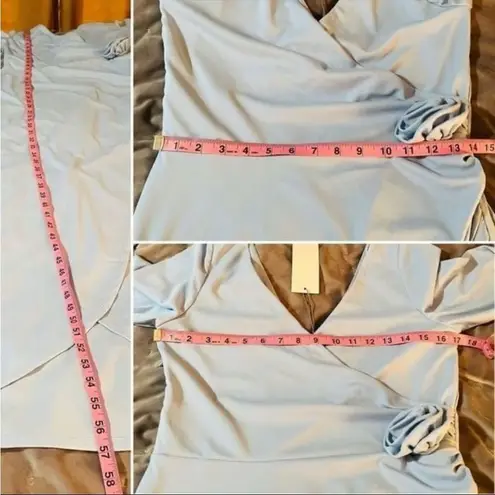 WAYF Long Sleeve Faux Wrap Surplice Front Dress Rosette Powder Blue M NWT