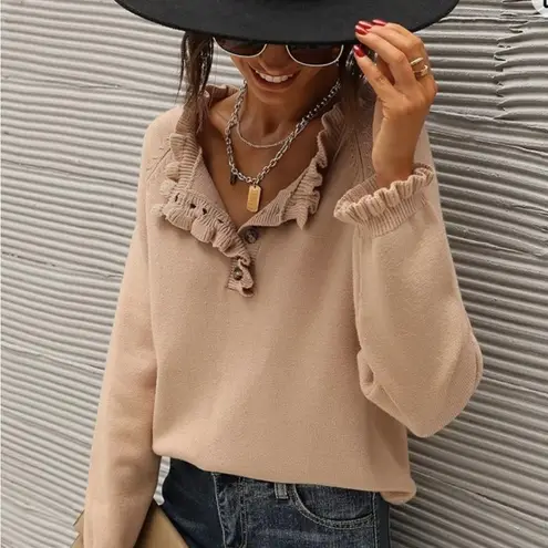 BTFBM Ruffle Henley Sweater 50% Viscose Pink Knit Pullover Top Size S