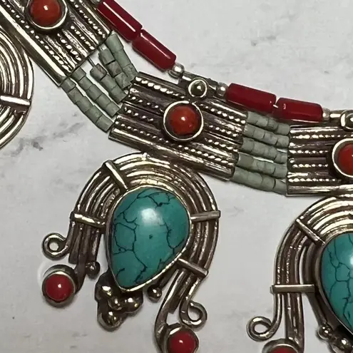 Vintage Turquoise & Coral Sterling Silver Necklace & Earrings Beaded Native