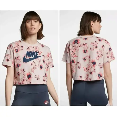 Nike  Womens Sportswear Pink & Blue Floral Print Logo Cropped Top Size XL *AS-IS*