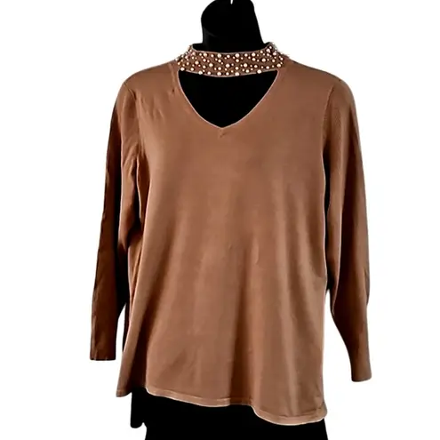 Belle Kim Gravel Faux Pearl Beaded Choker CutOut Sweater Size 3X NWOT Tan