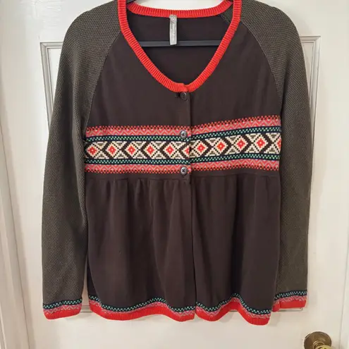 Womens Fair Isle Geometric Pattern Cardigan Sweater Chocolate Brown Sz M Size M