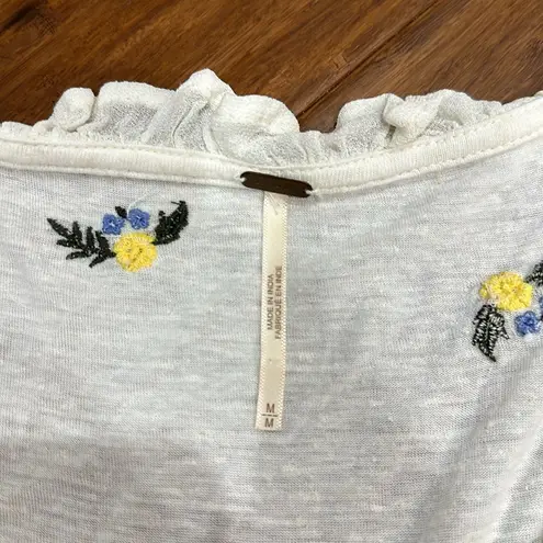 Free People  ecru combo floral sequin embroidered cropped ruffle blouse