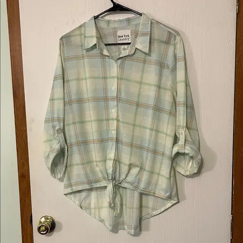 New York Laundry Light Green Plaid Tie-Front Blouse