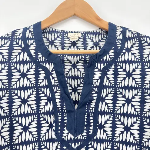 J.Crew Navy White Print V Neck Cotton 3/4 Sleeve Tunic Top Women's Size Medium Blue