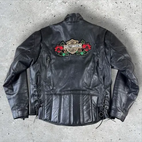Vintage Women's Leather Biker Jacket Sz 44 (Large) Harley/Biketober Patches Moto Black