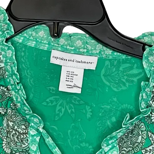 Cupcakes and Cashmere Blouse Size XS Top Green Floral Lined Womens Long Sleeve