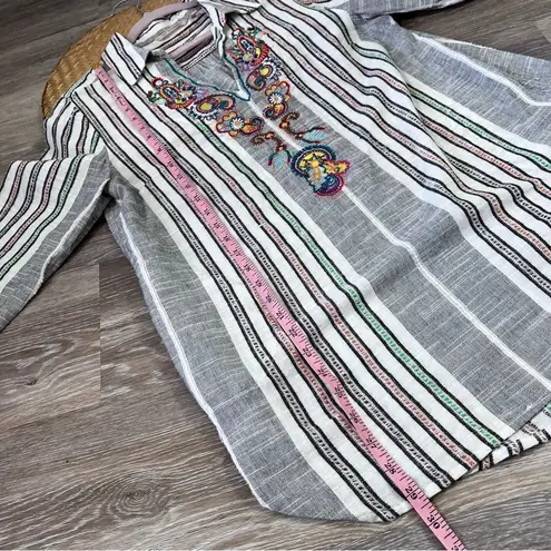 Soft Surroundings striped embroidered gauze cotton tunic blouse w/ pockets