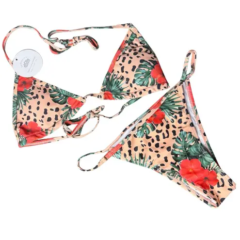 Boutique Leopard and Hibiscus Flower Print String Bikini Size M Tan Size M