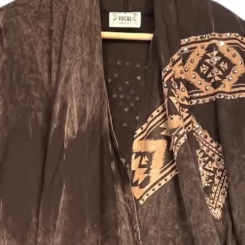 Vocal Women's Brown Aztec Tribal Print Fringe Open Front Cowgirl Cardigan Small