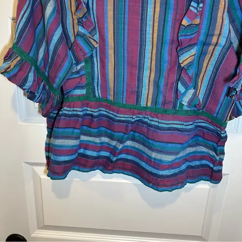 dRA Blue/Purple Striped Short Sleeve Ruffle Accent Blouse size M Size M