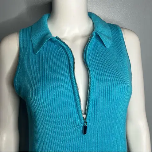 Boston Proper Blue Ribbed Collared Half Zip Sleeveless Stretchy Top Size L
