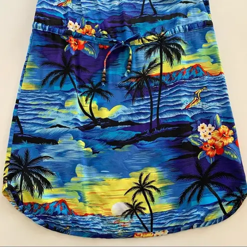 Vintage Hawaiian Tropical Print Vacation Mini Dress Swim Coverup Size Small Blue