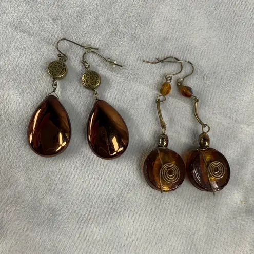 Vintage Boho Copper Amber Glass Teardrop Pierced Spiral Earrings Set Fall Colors Brown