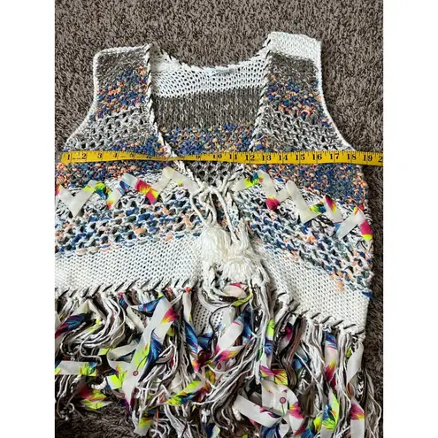 Adore Multi Colored Fringe Knit Cardigan Vest Womens Sz M Boho Western Hippie White Size M