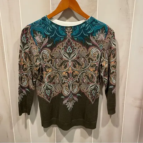 Talbots Cute  olive teal cashmere blend Kashmiri swirl lightweight sweater