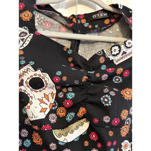 Womens Black Sugar Skull & Floral Print Dress Size S Black