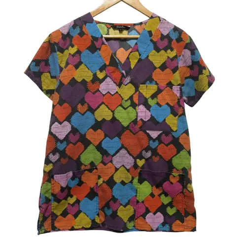 Just Love Women Scrub Top S Multicolor Heart Print Nurse Medical Uniform Pockets