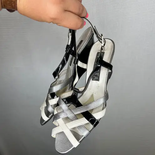 Prevata Italy Women's 6.5 C Black Silver White Strappy Wedge Sandals