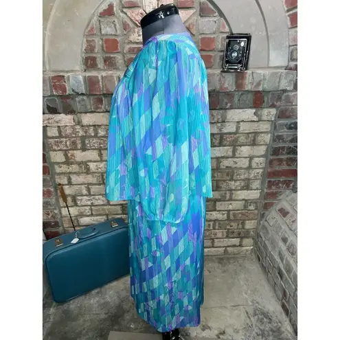 dress blouson floral vintage 1980s micro pleat top purple aqua Size M