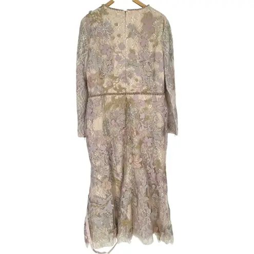 Mac Duggal Embellished High Neck Long Sleeve Dress in Nude size 16 NWT 3D Flower