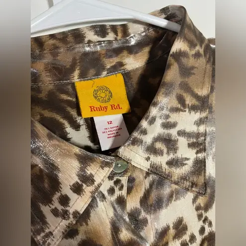 Ruby Rd . Womens Brown Leopard Print Roll Tab Sleeves Button Front Shirt Size 12