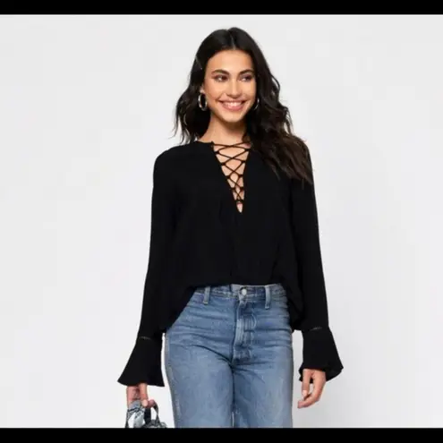 Tobi  Lexi Lace Up Bell Sleeve Long Sleeve Black Blouse Top Small