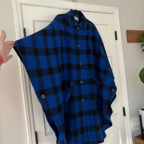 Pendleton VTG Blue Black Buffalo Check Cape Poncho Plaid 100% Wool Button Up