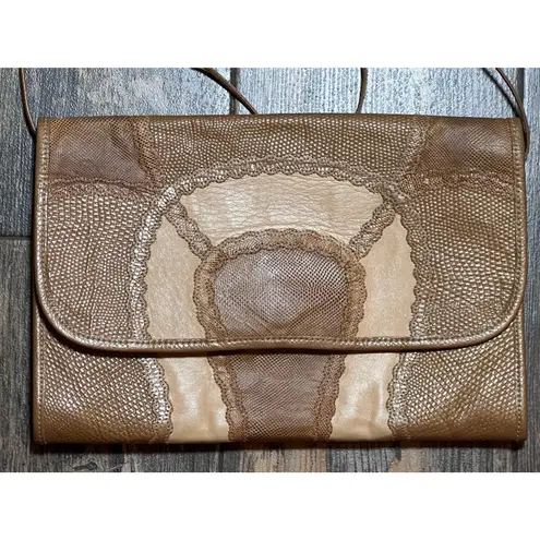 Vintage Carlos Falchi Patchwork SnakeSkin Clutch Gold Tan Crossbody Purse USA