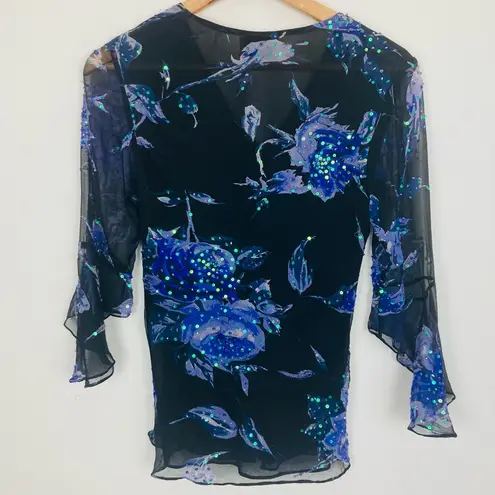 Sean Collection Vintage Y2K black silk chiffon floral sequined bell sleeve top.