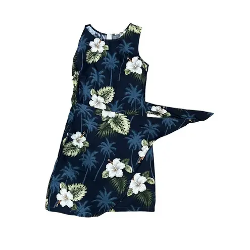 Pacific Legend Faux Wrap Blue White Hibiscus Palm Dress Womens Medium