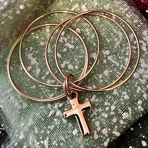 14K Gold Over Resin Linked 5pc Bangle Bracelets / Cross Charm