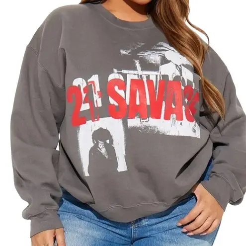 21 SAVAGE Washed Crewneck Sweatshirt in Charcoal, Size S, New without Tag Gray