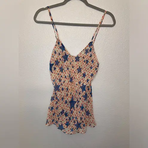 SXXXK Women’s Y2K Blue and Red Star Love Print 100% Silk Top Size M Size M