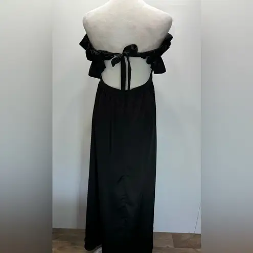 Mittoshop Black Satin Ruffle Top Open Back Strapless Cocktail Party Maxi Dress