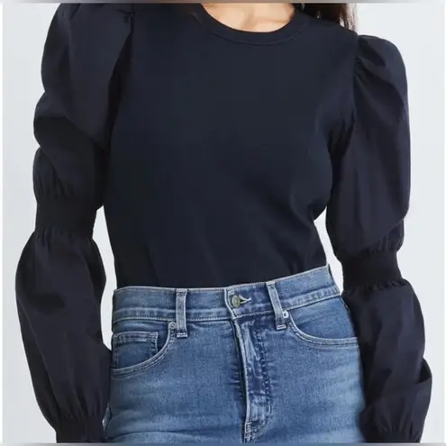 Veronica Beard Jeans fawn top blouse cotton blend puff smock sleeve rib black XL