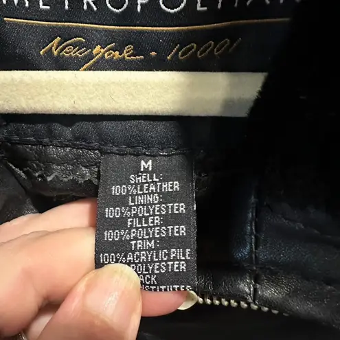 Vintage 90s Metropolitan New York Leather Jacket Fur Collar Cinched Waist Medium Black